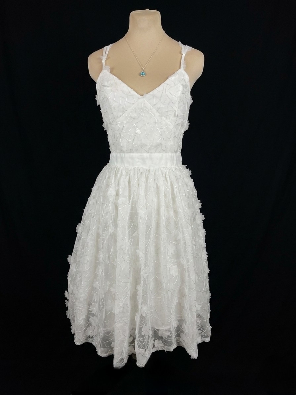 White Floral Textured Midi Dress with Spaghetti Straps